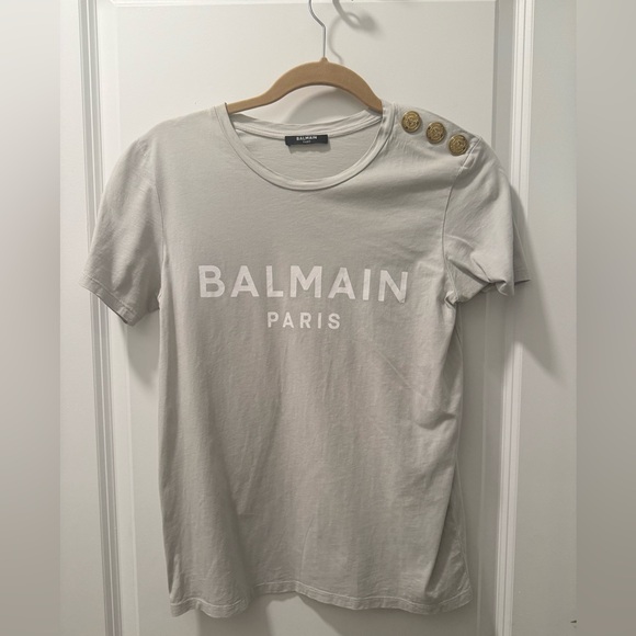BALMAIN Gray Logo Button Embellished T-Shirt - Picture 1 of 4